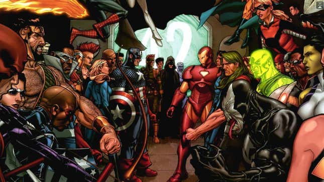Captain America and Iron Man stare grimly at each other with crowd of superheroes behind each.