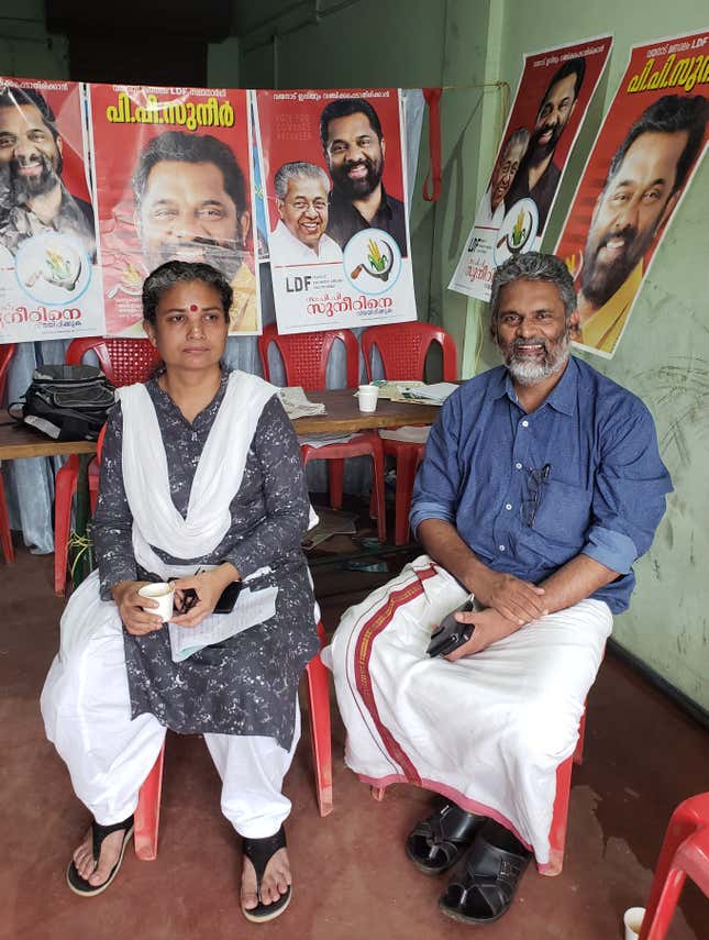 A R Sindhu (left), and Krishna Prasad in the LDF office in Sultan Bathery.