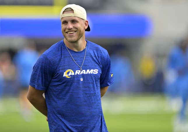 Aug 12, 2023; Inglewood, California, USA;  Los Angeles Rams wide receiver Cooper Kupp (10) looks on from the field prior to the game against the Los Angeles Chargers at SoFi Stadium.