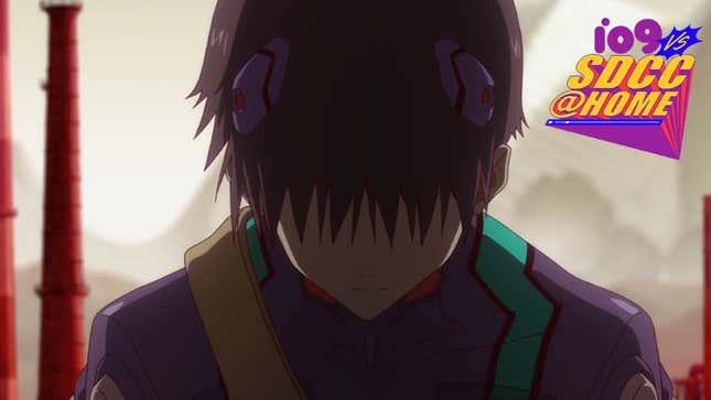 Shinji Ikari walks among an apocalyptic wasteland in his Eva 01 Plugsuit, with his head lowered in exhaustion.