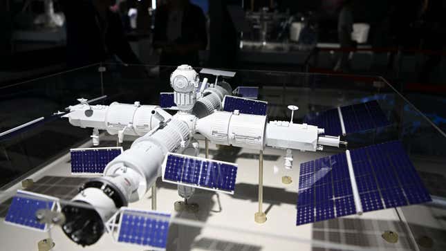 A photo of a model of a Russian space station at an expo in Moscow. 