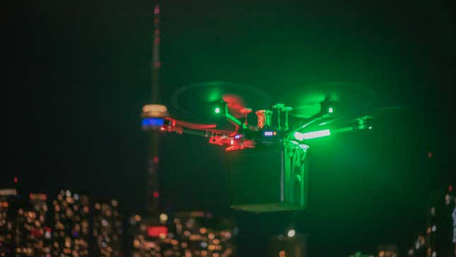 A view of the aerial drone carrying its transport container.