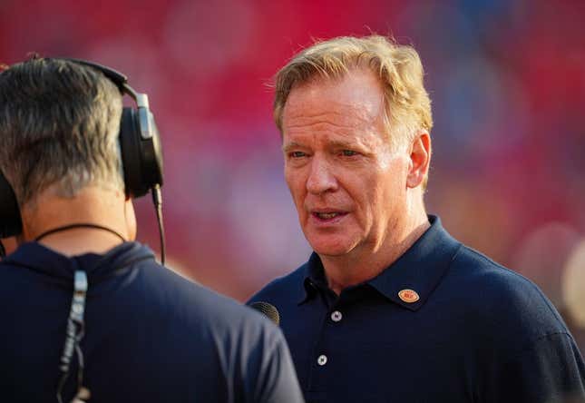 Sep 7, 2023; Kansas City, Missouri, USA; NFL commissioner Roger Goodell is interviewed prior to a game between the Detroit Lions and the Kansas City Chiefs at GEHA Field at Arrowhead Stadium.