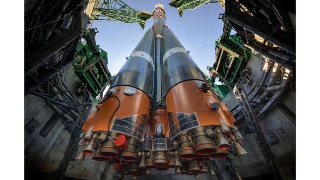 A photo of a Soyuz rocket ready to launch in Kazakhstan. 