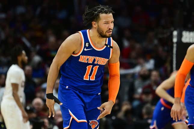 Mar 31, 2023; Cleveland, Ohio, USA; New York Knicks guard Jalen Brunson (11) celebrates after hitting a three point basket during the second half against the Cleveland Cavaliers at Rocket Mortgage FieldHouse.