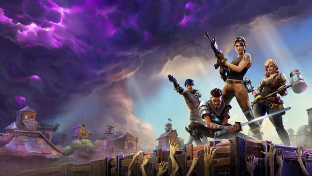 A group of Fortnite fighters pose in front of a purple sky.