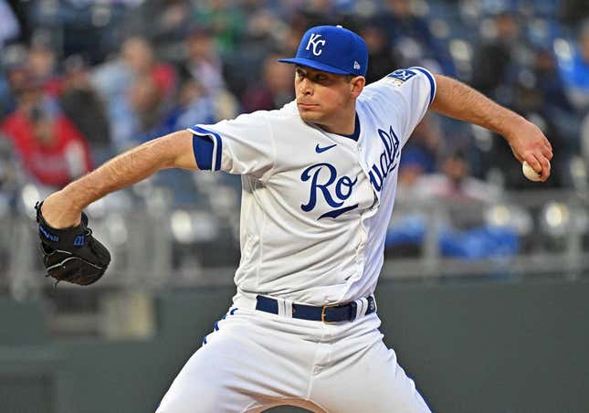 Apr 15, 2023; Kansas City, Missouri, USA;  Kansas City Royals starting pitcher Kris Bubic (50) delivers a pitch during the first inning against the Atlanta Braves at Kauffman Stadium.