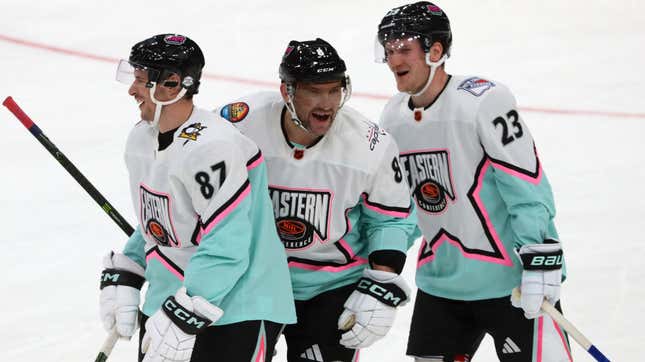 Adam Fox, Alex Ovechkin, and Sidney Crosby celebrate during the game between the Metropolitan Division and the Atlantic Division during the 2023 Honda NHL All-Star game at FLA Live Arena on Feb. 4, 2023.