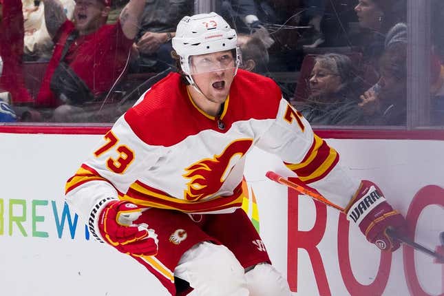 Mar 31, 2023; Vancouver, British Columbia, CAN; Calgary Flames forward Tyler Toffoli (73) celebrates his overtime game winning goal against the Vancouver Canucks at Rogers Arena. Calgary won 5-4 on overtime.