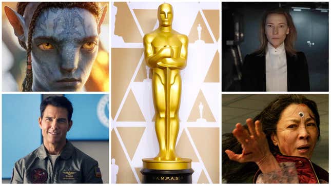 Clockwise From Upper Left: Avatar: The Way of Water (20th Century Studios), Tár (Focus Features), Oscar statue (Kurt Krieger-Corbis), Everything Everywhere All at Once (A24), Top Gun: Maverick (Paramount Pictures)