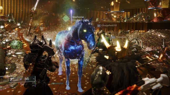 Destiny 2's new Starhorse greets players in the Eternity loot room. 