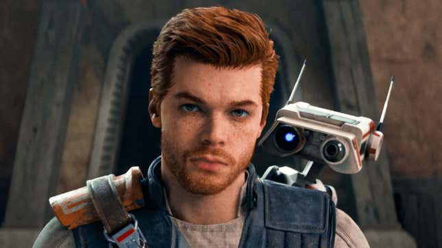 Bir ekran görüntüsü, yeni Star Wars oyununda göründüyü kimi Cal Kestis və onun droidini göstərir