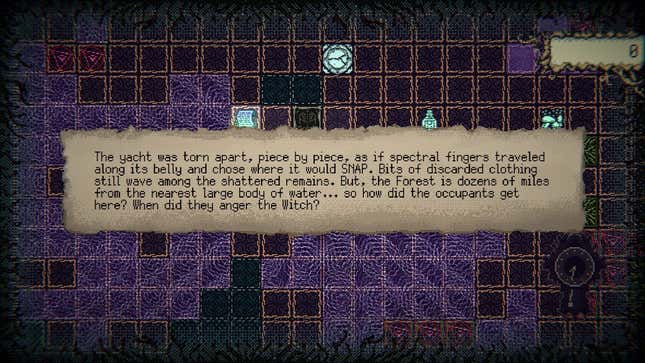 A screenshot of Witch Strandings with a text box that reads The yacht was torn apart, piece by piece, as if spectral fingers traveled along its belly and chose where it would SNAP. Bits of discarded clothing still wave among the shattered remains. But, the Forest is dozens of miles from the nearest large body of water... so how did the occupants gets here? When did they anger the Witch?
