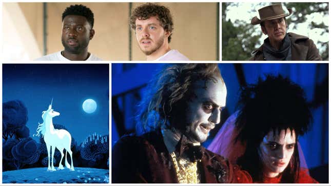 Clockwise from top left: White Men Can’t Jump (Hulu), The Old Way (Saban Films), Beetlejuice (Warner Bros.), The Last Unicorn (Jensen Farley Pictures)