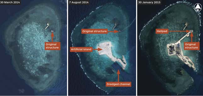 Airbus Defence and Space satellite imagery shows the brisk clip at which China has turned Gaven Reefs into a helipad-supporting island.