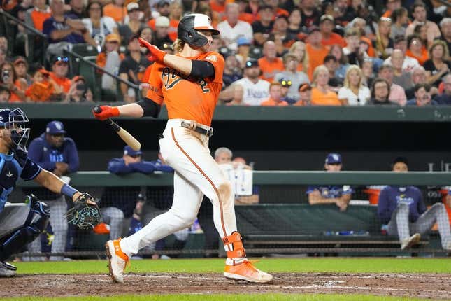 Sep 16, 2023; Baltimore, Maryland, USA; Baltimore Orioles shortstop Gunnar Henderson (2) hits an RBI single against the Tampa Bay Rays during the fourth inning at Oriole Park at Camden Yards.