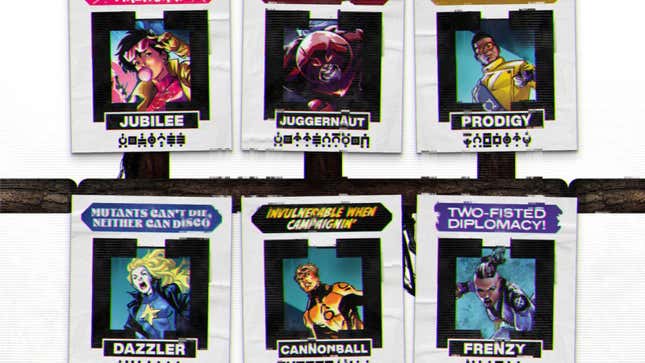 Clockwise from upper-left: Jubilee, Juggernaut, Prodigy, Frenzy, Cannonball, and Dazzler.