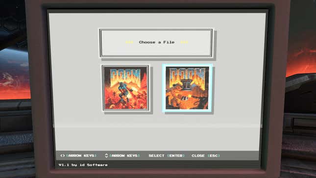 A computer monitor offers either Doom or Doom II.