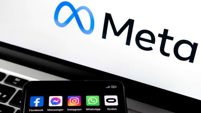 The Meta Logo on a laptop screen while a phone displays the app icons for Facebook, Instagram, WhatsApp and Oculus