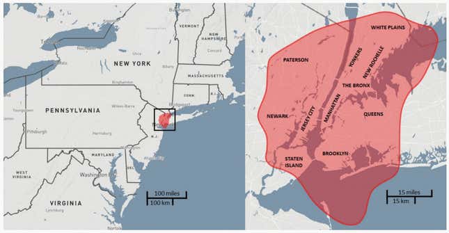 Equivalent area of destruction for a Tunguska-sized asteroid over New York City.
