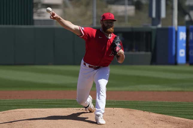 Mar 25, 2023; Tempe, Arizona, USA; Los Angeles Angels pitcher Sam Bachman (83) throws against the Chicago Cubs in the first inning at Tempe Diablo Stadium.