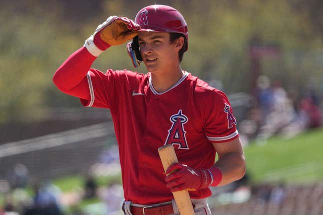 Mar 12, 2023; Phoenix, Arizona, USA; Los Angeles Angels right fielder Mickey Moniak (16) reacts after striking out against the Chicago White Sox during the first inning at Camelback Ranch-Glendale.