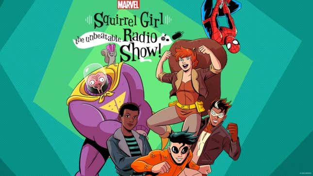 Squirrel Girl leaps happily into the air surrounded by Nancy, Koi Boi, Chipmunk Hunk, Brain Drain, and Spider-Man.