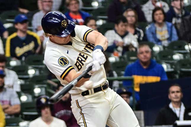 Apr 5, 2023; Milwaukee, Wisconsin, USA; Milwaukee Brewers right fielder Joey Wiemer (28) hits a 3-run home run in the second inning against the New York Mets at American Family Field.
