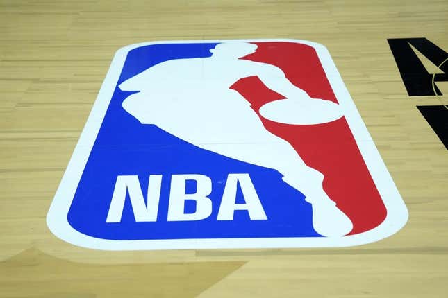 Feb 18, 2023; Salt Lake City, UT, USA; The NBA logo on the court at Huntsman Center.