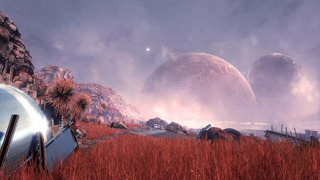 Two planets rise on an alien landscape.