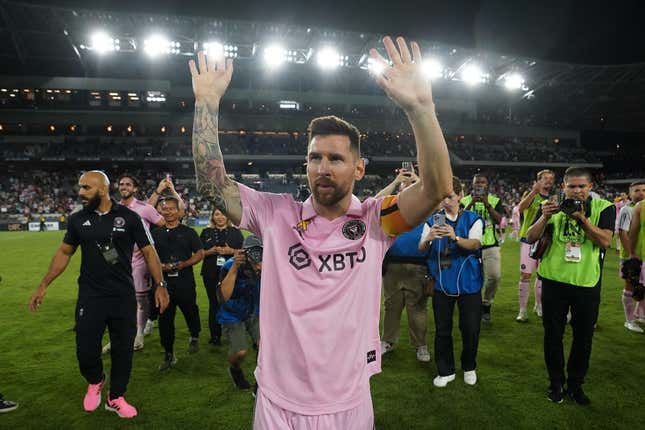 Sep 3, 2023; Los Angeles, California, USA; Inter Miami CF forward Lionel Messi (10) gestures after the game against LAFC at BMO Stadium.