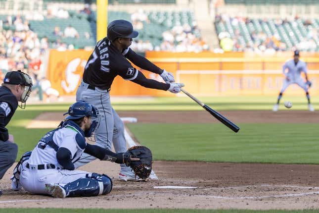 May 25, 2023; Detroit, Michigan, USA; Chicago White Sox shortstop Tim Anderson (7) hits an RBI single against the Detroit Tigers in the third inning at Comerica Park.