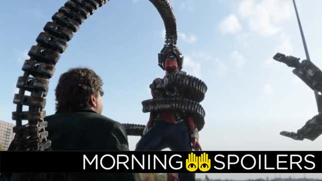 Doc Ock's back faces the camera as he grips Peter Parker in one of his metallic arms in a scene from Spider-Man: No Way Home.