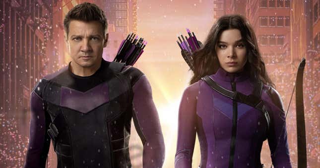 Jeremy Renner and Hailey Steinfeld as Clint Barton and Kate Bishop in Marvel's Hawkeye. 