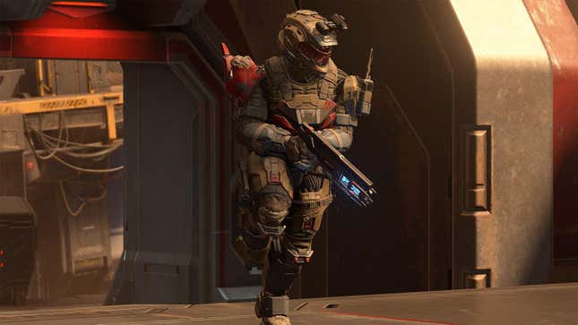 A spartan runs through the Breaker map in Halo Infinite.