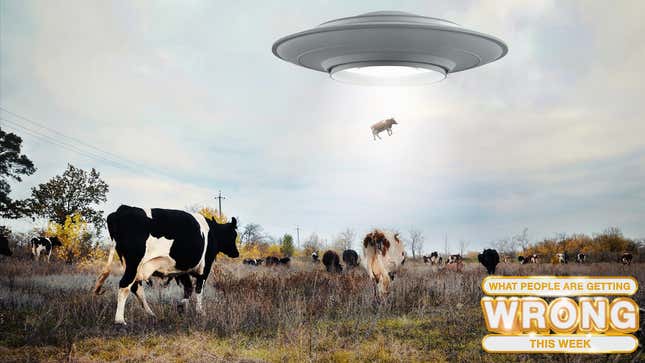 A computer generated illustration of a 1950s-style flying saucer hovering over a field of cows and "beaming" up one of them