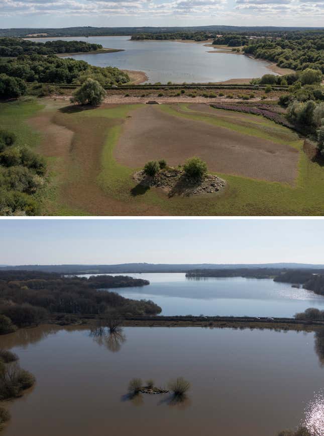 A view of the reservoir in early August 2022 versus early April 2023.