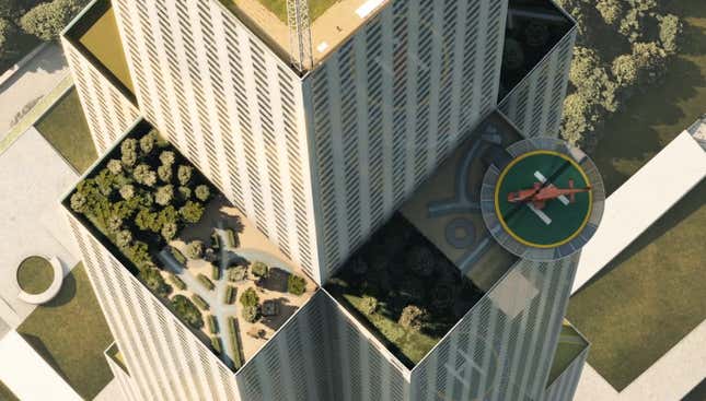 Sky City is slated to have 17 helipads, gardens, and courtyards for sports.