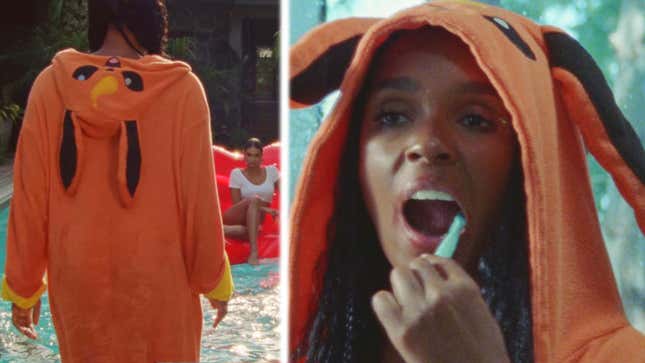 A collage shows Janelle Monáe wearing a Pokemon onesie. 