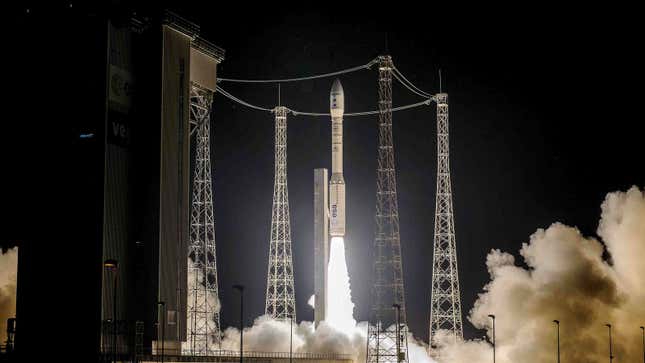 A Vega rocket launches from a pad in Guiana. 