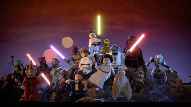 Lego versions of Luke, Leia, Rey, Han, Darth Maul, and more pose together in front of a binary sunset.