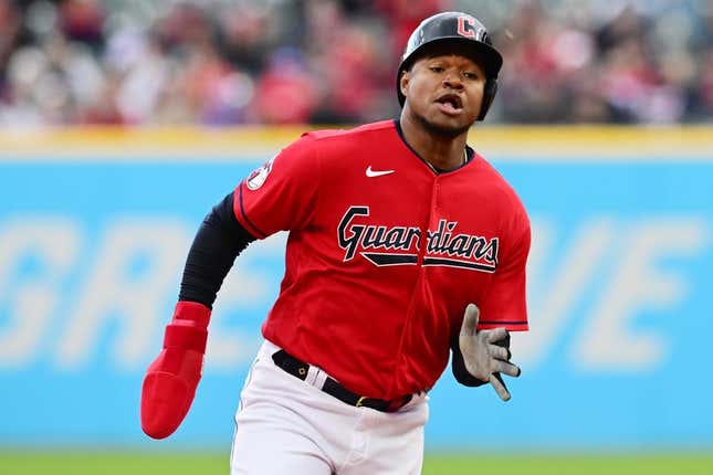 Apr 23, 2023; Cleveland, Ohio, USA; Cleveland Guardians right fielder Oscar Gonzalez (39) advances to third during the third inning against the Miami Marlins at Progressive Field.