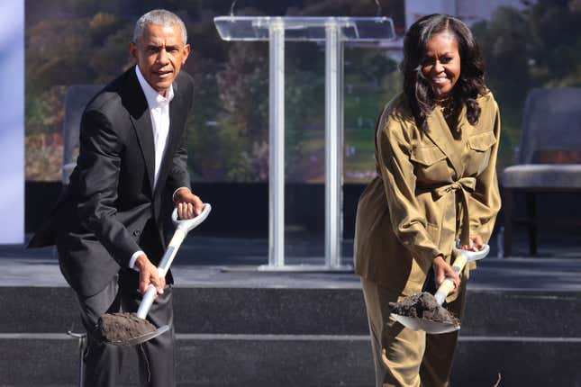 Former U.S. President Barack Obama and former first lady Michelle Obama participate in a ceremonial groundbreaking at the Obama Presidential Center in Jackson Park on September 28, 2021 in Chicago, Illinois.