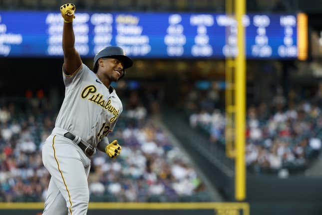 May 26, 2023; Seattle, Washington, USA; Pittsburgh Pirates third baseman Ke'Bryan Hayes (13) celebrates after hitting a solo-home run against the Seattle Mariners during the fifth inning at T-Mobile Park.