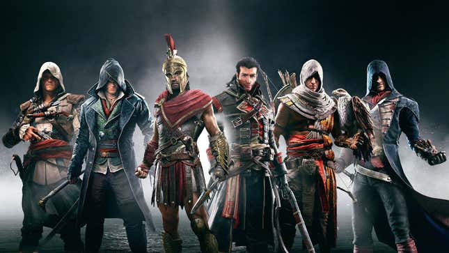 Six Assassin's Creed characters stand in front looking heroic.