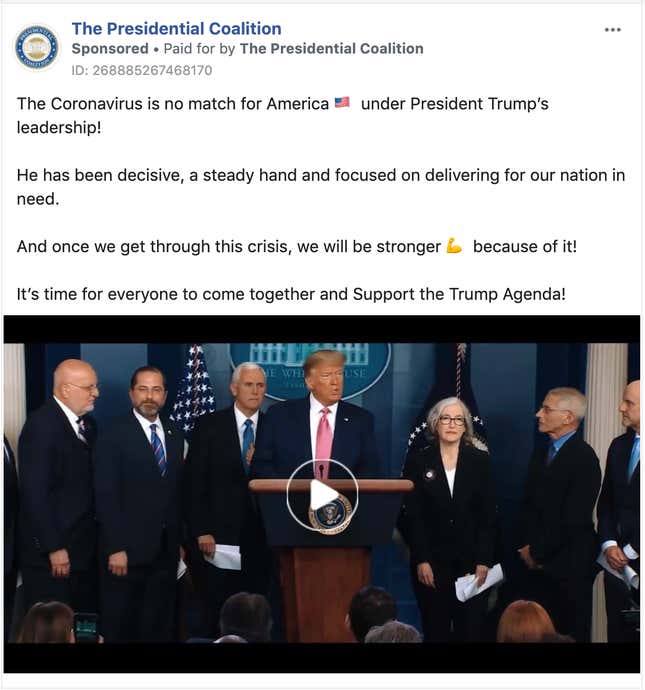 an ad from pro-Trump SuperPAC “The Presidential Coalition” portraying Trump’s response to the coronavirus pandemic as successful, shown in five swing states.