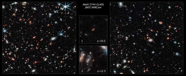 The full deep-field, with close-ups on the two galaxies.