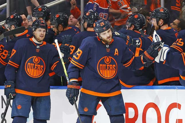 Mar 14, 2023; Edmonton, Alberta, CAN; The Edmonton Oilers celebrate a goal scored by forward Leon Draisaitl (29) during the second period against Ottawa Senators at Rogers Place.
