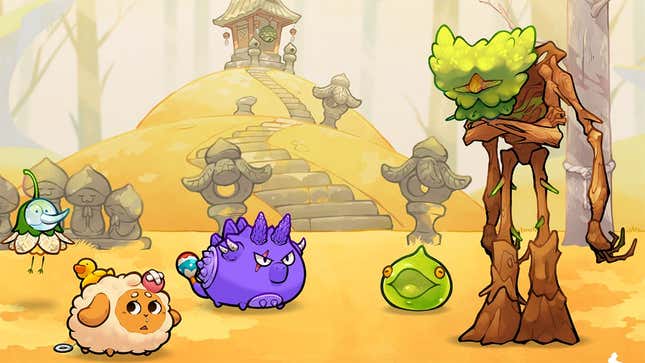 A fake sheep stands next to a fake ent and a fake Zelda slime in the NFT game Axie Infinity.