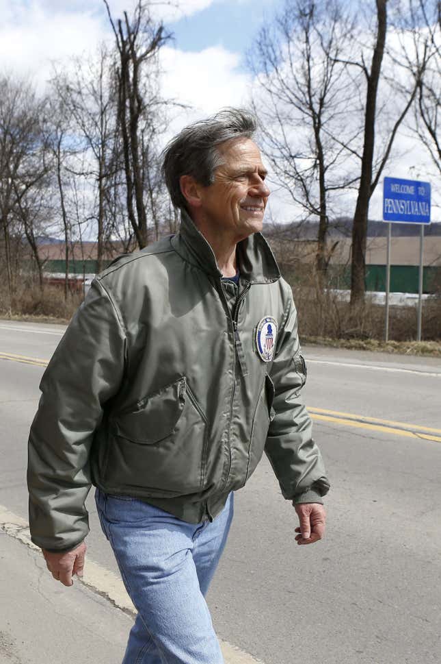 Joe Sestak walking across Pennsylvania in 2015.